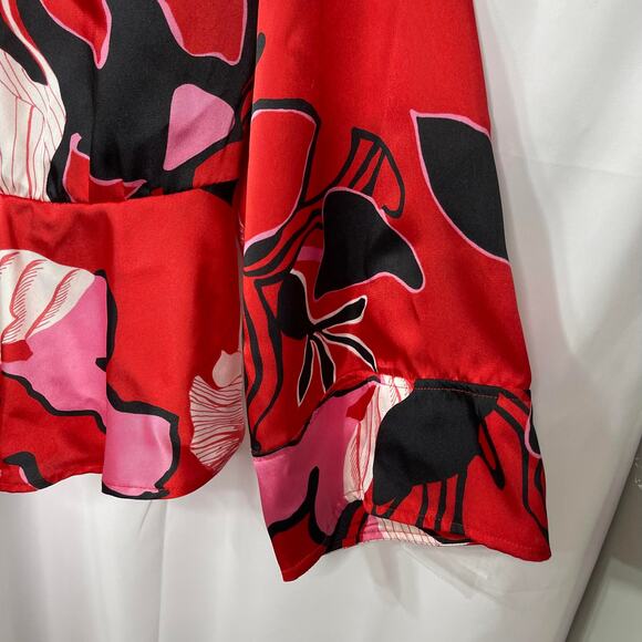 Red floral blouse women's size large pink red and cream satin work wear - Picture 4 of 14